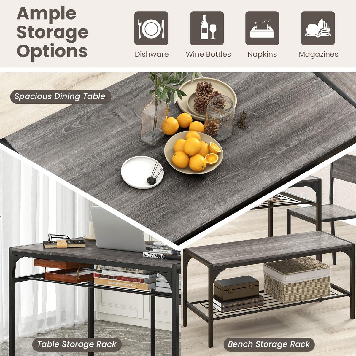 Goflame Dining Table Set for 4, Kitchen Table with Chairs & Bench, Storage Racks