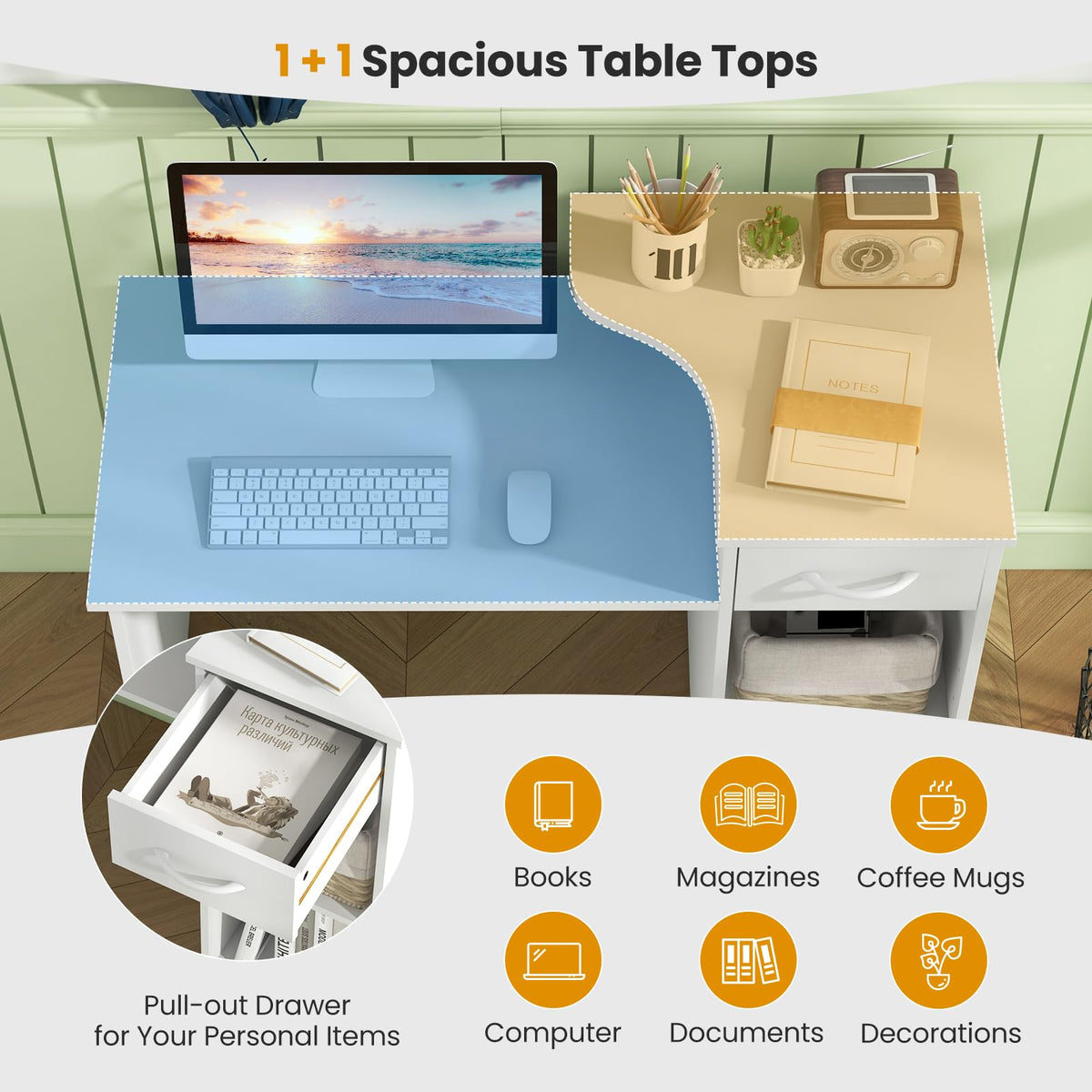 Goflame Computer Desk with Storage, Modern PC Laptop Table with 5-Position Adjustable Shelf