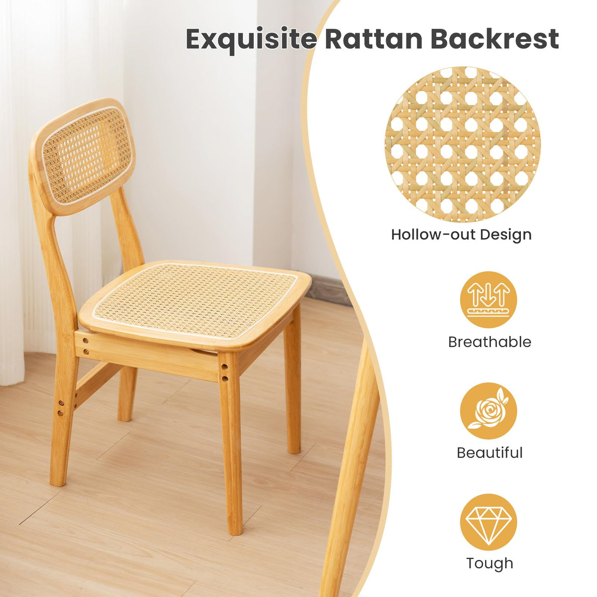 Goflame Rattan Dining Chairs Set of 2, Boho Cane Kitchen Chairs, Max Load 300 Lbs