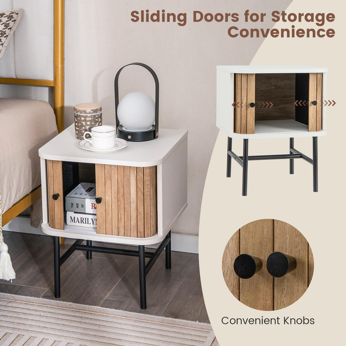 Goflame Mid-Century Modern Nightstand, Wood Bedside Table with Sliding Doors and 4 Metal Legs
