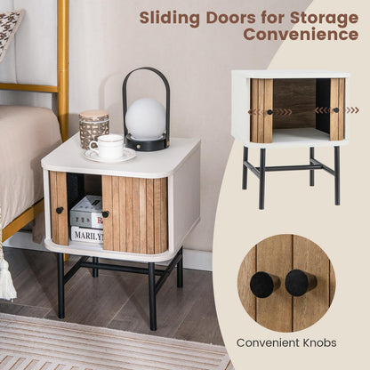 Goflame Mid-Century Modern Nightstand, Wood Bedside Table with Sliding Doors and 4 Metal Legs