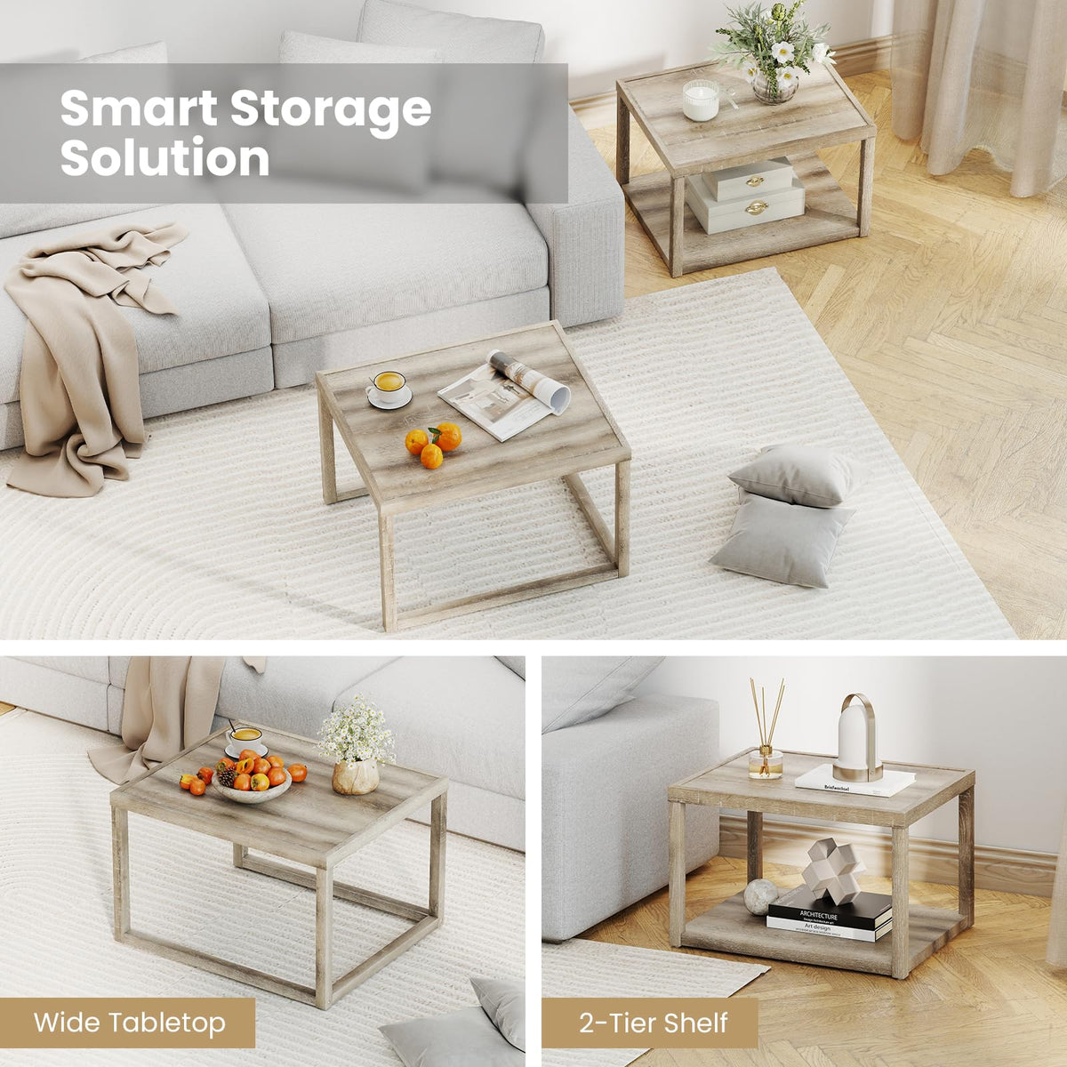 Goflame Nesting Coffee Tables Set of 2 with Storage Shelf Rubber Wood