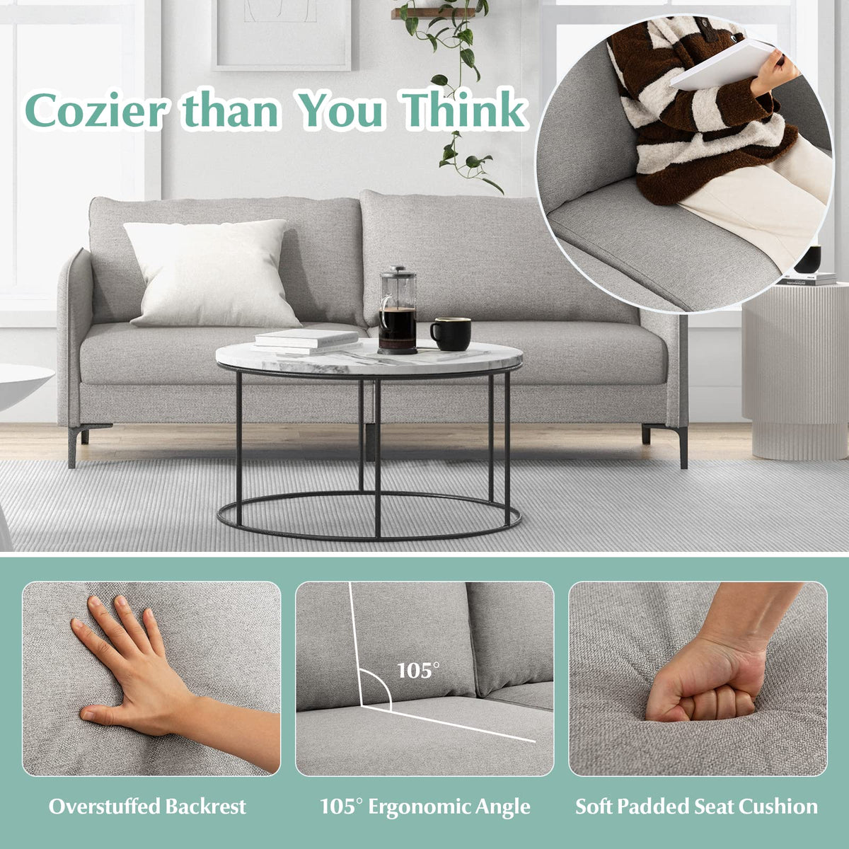 Goflame Upholstered Sofa Couch, 76" Modern Grey Loveseat