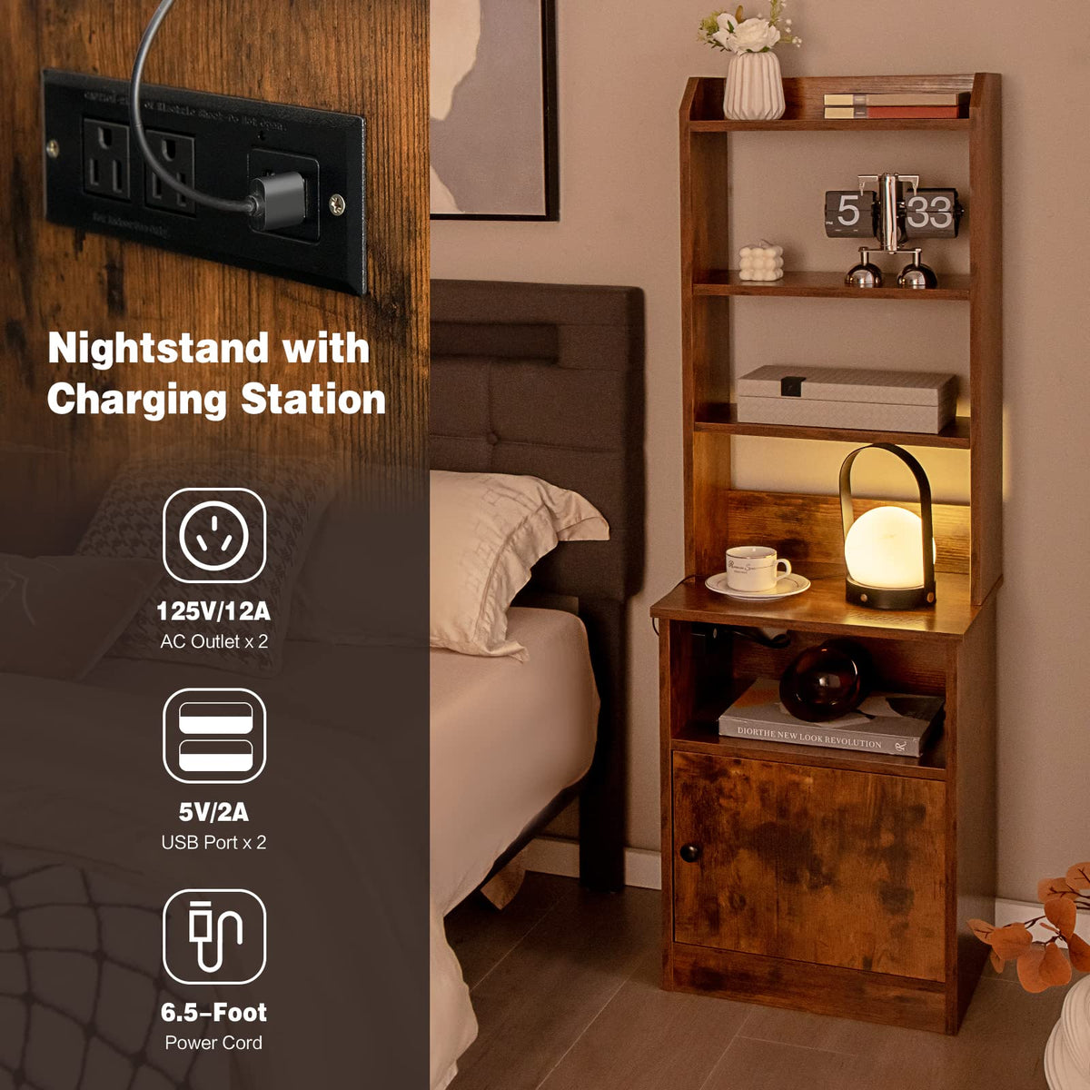 Goflame Nightstand with Charging Station - 55" Tall Bedside Table