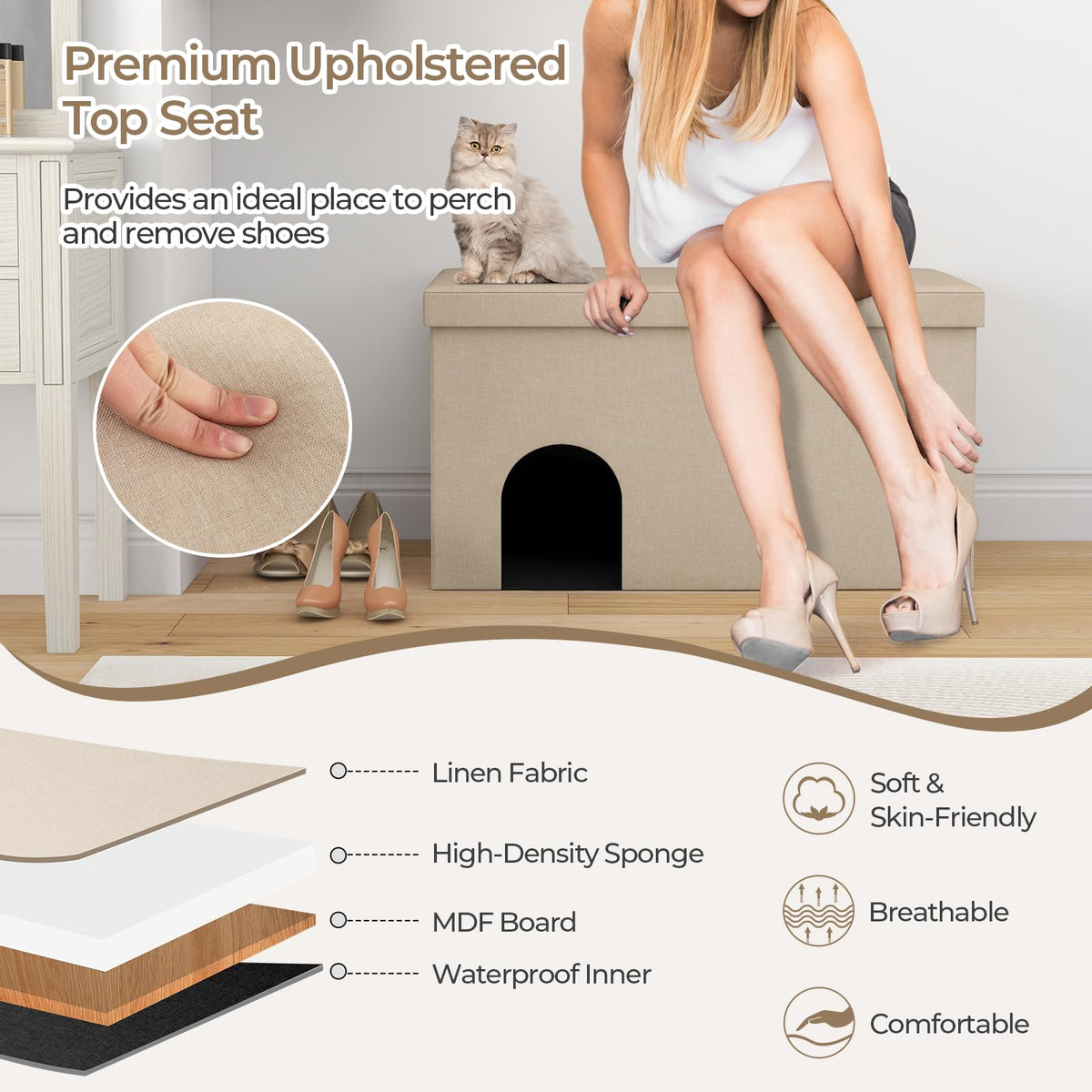 Goflame Cat Litter Box Enclosure - Hidden Cat Litter Box Furniture Ottoman