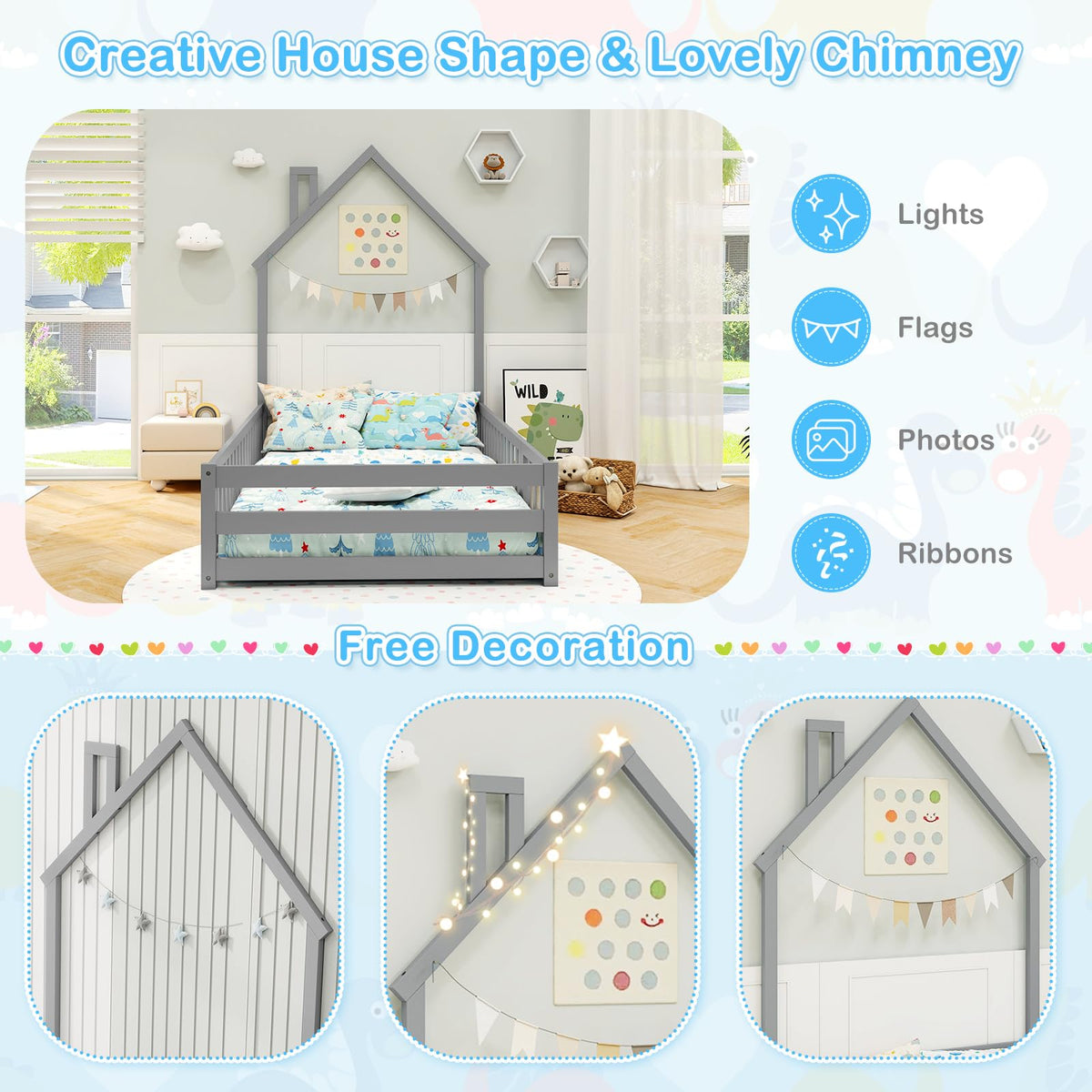 Goflame Twin Floor Bed, House-Shaped Montessori Bed Frame with Headboard, Full-Length Guardrail