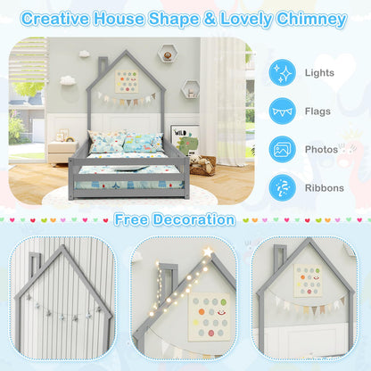 Goflame Twin Floor Bed, House-Shaped Montessori Bed Frame with Headboard, Full-Length Guardrail