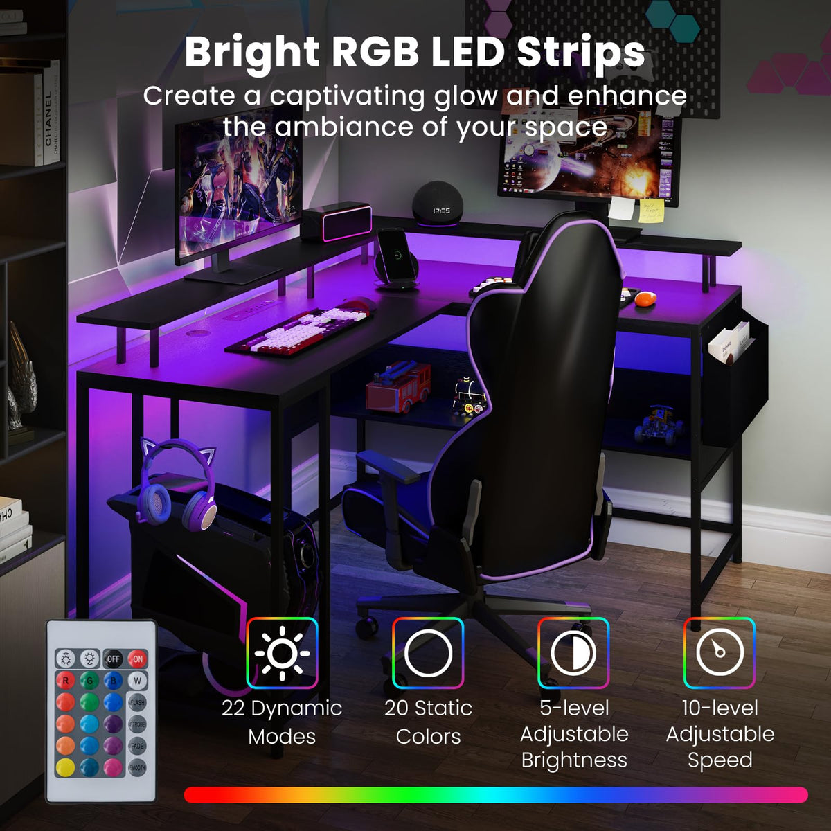 Goflame L Shaped Desk with LED Light & Power Outlets Ergonomic Home Office Desk