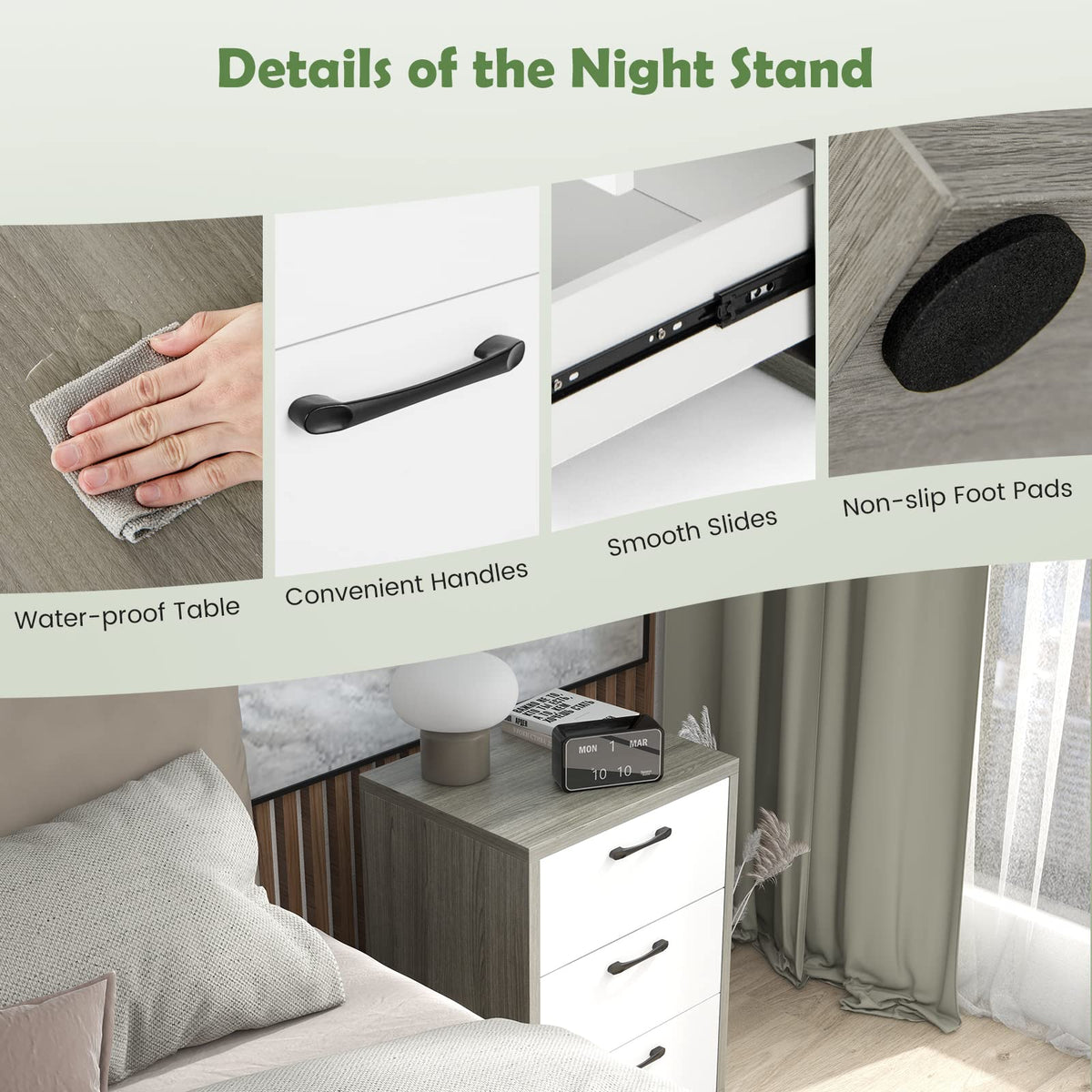Goflame Storage Drawer Dresser - Wood End Table, Night Stand with 3 Drawers (1, White & Gray)