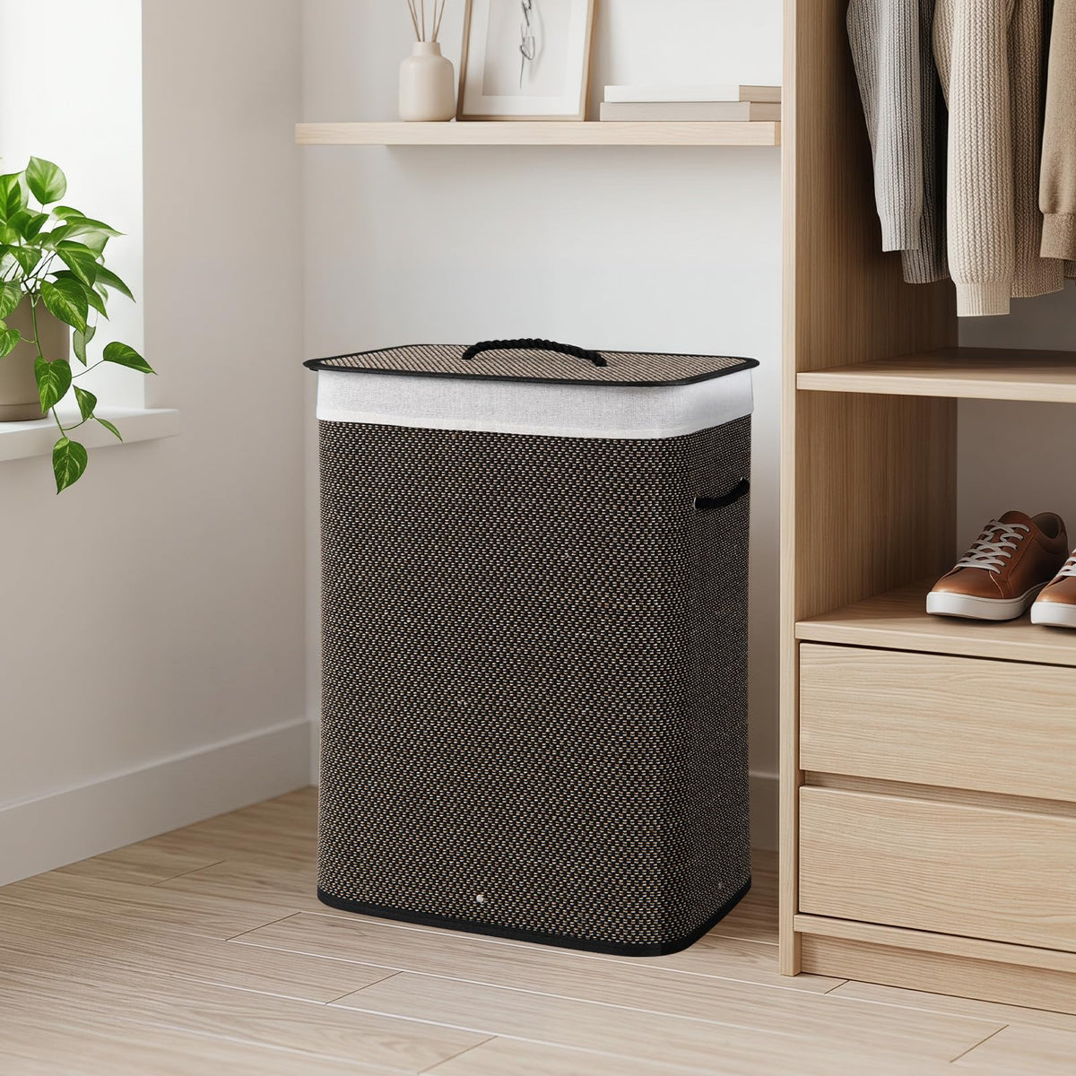 Goflame 19 Gal Rectangular Bamboo Laundry Hamper with Lid