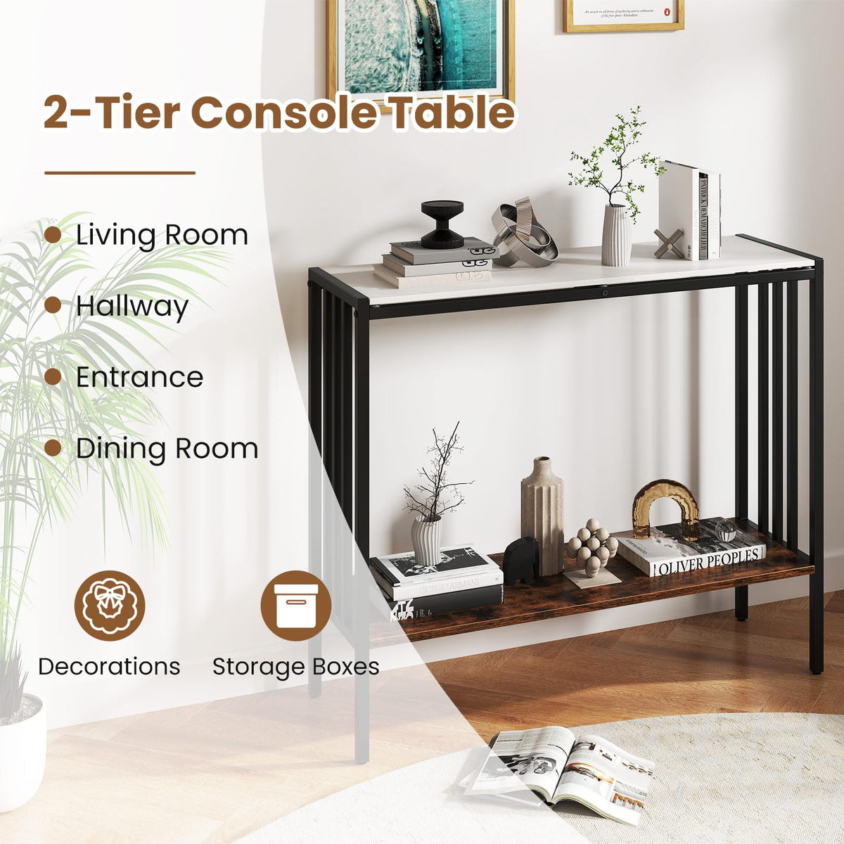Goflame 2 Tier Industrial Entryway Table with Sintered Stone Tabletop and Open Shelf