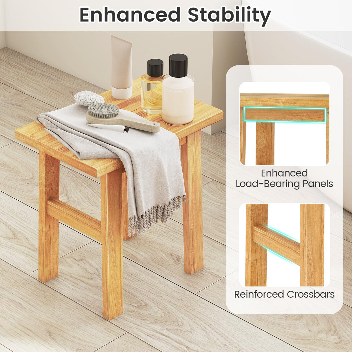 Goflame Solid Teak Shower Bench Stool for Bathroom with Water-Resistant Finish 18''L x 12''W x 18''H