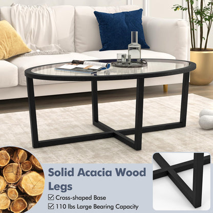 Goflame Glass Coffee Table, 46.5" Oval Accent Sofa Tea Table with Tempered Glass Top, Cross Base & Acacia Wood Legs