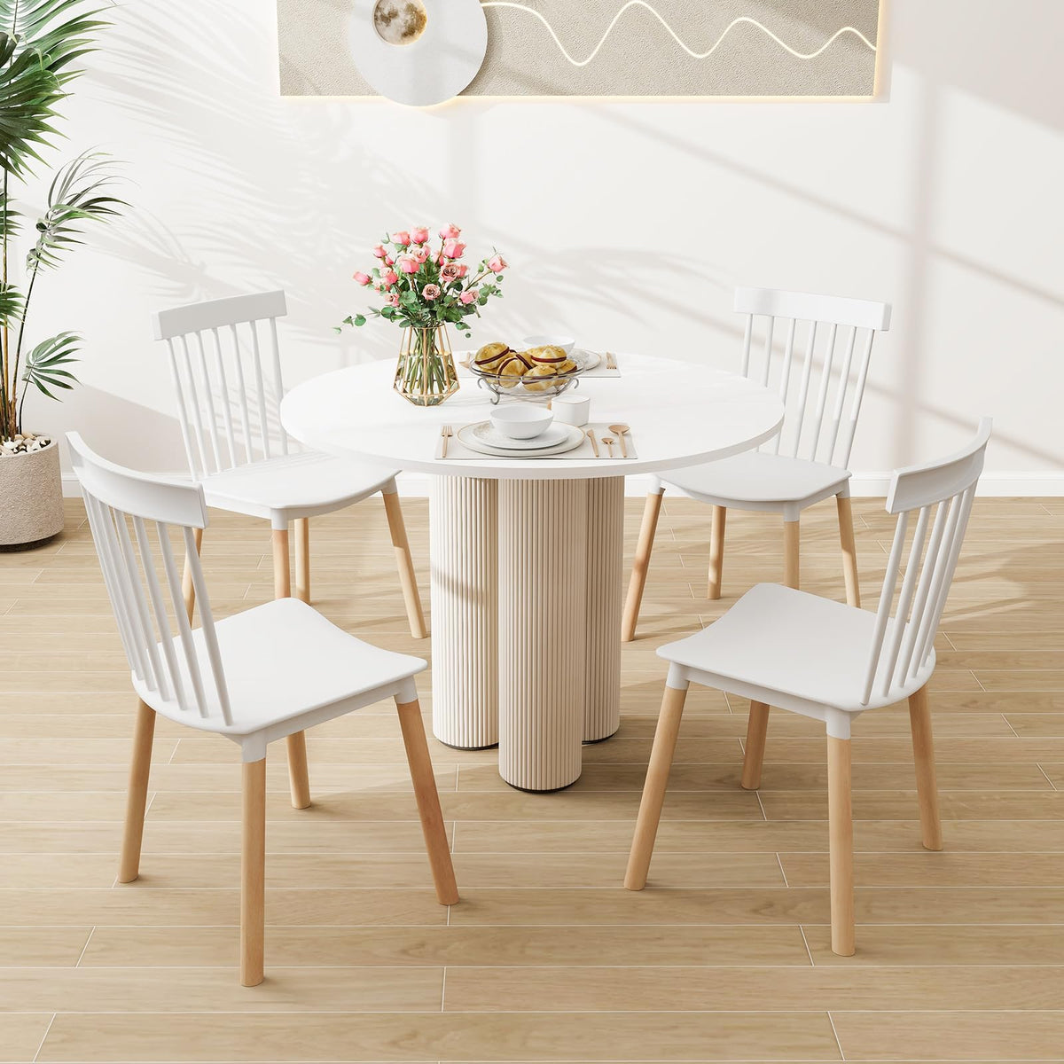 Goflame Set of 4 Windsor Dining Chairs White, Modern Kitchen Chairs w/Spindle Backs & Curved Seats