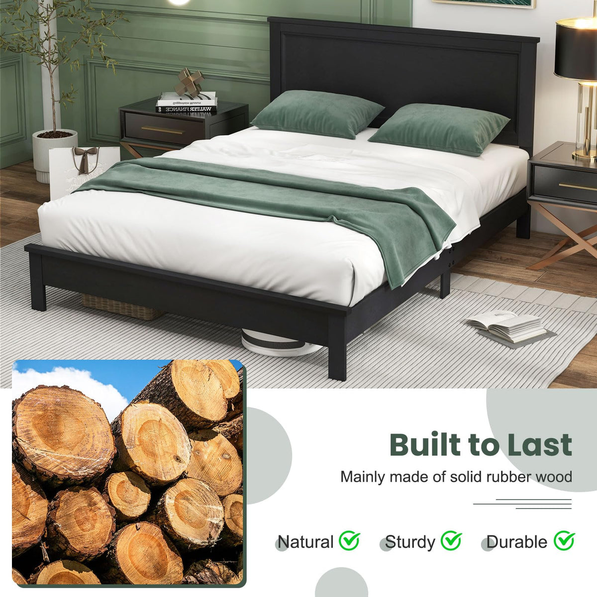 Goflame Queen/Full/Twin Size Wood Platform Bed Frame with Headboard, Mid Century Bed Frame with Solid Wood Legs & Wooden Slat Support