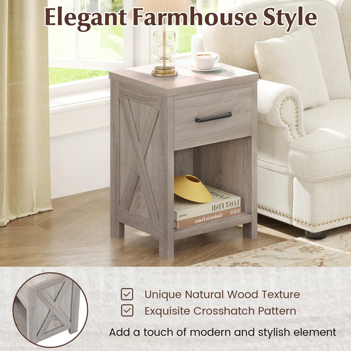 Goflame Wooden Bedside Table with Storage Drawer and Open Shelf