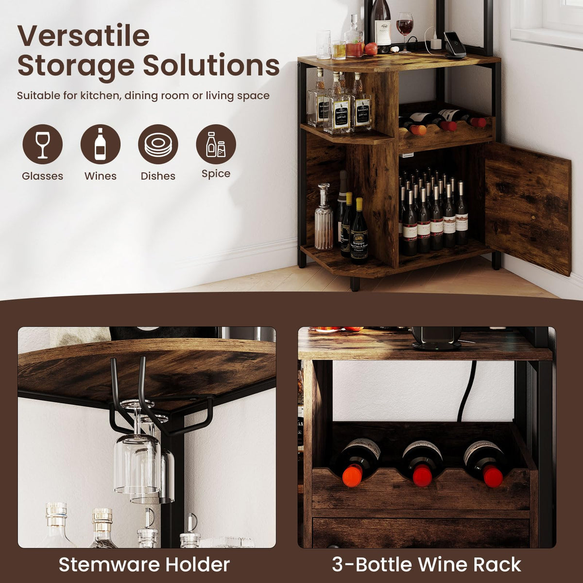 Goflame Corner Bar Cabinet w/Power Outlets