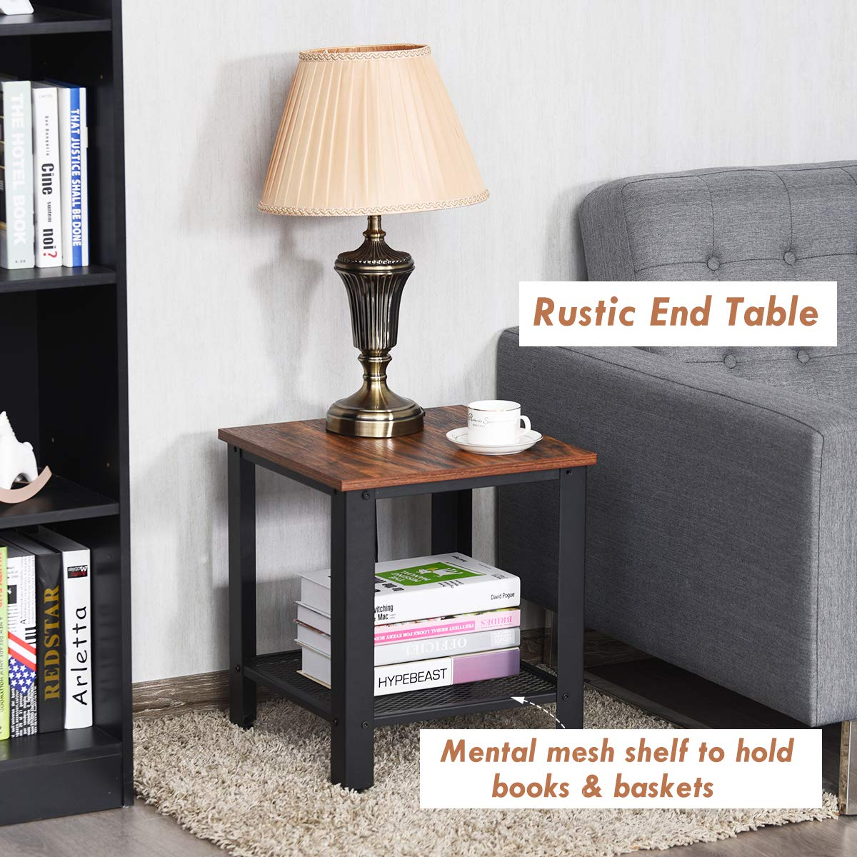 Goflame Nightstand Side Table 2-Tier W/Adjustable Feet, Storage Shelf and Metal Frame