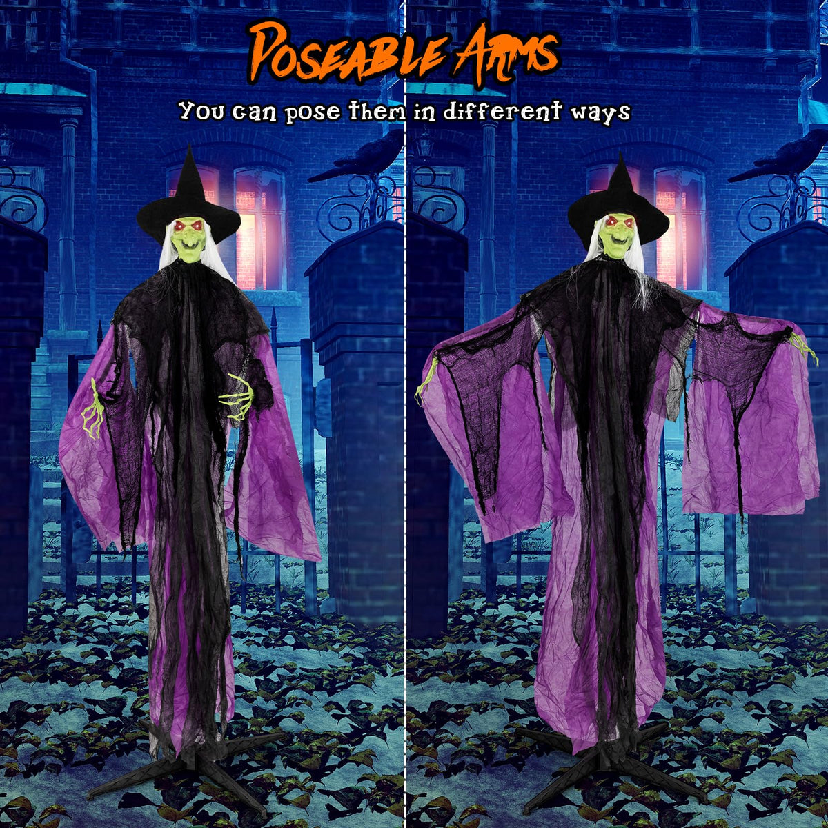 Goflame 7.2 FT Halloween Animatronic Witch, Animated Standing Poseable Figure with Light up Eyes