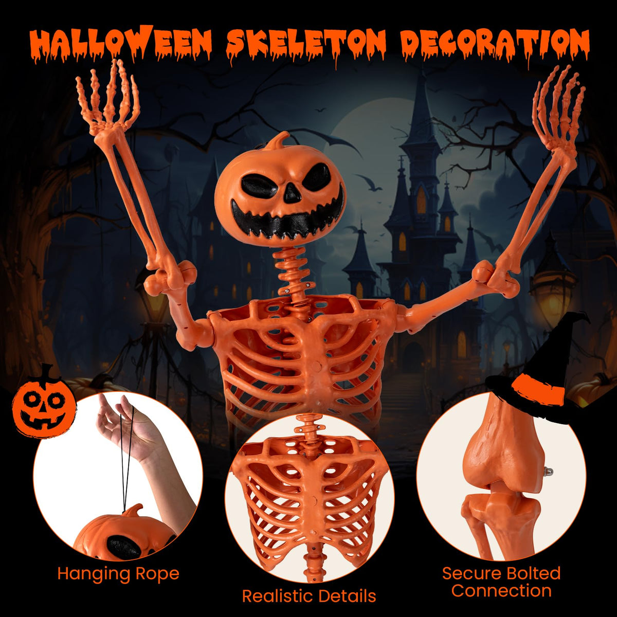 Goflame 5.2 Ft Life-Size Posable Skeleton with Pumpkin Head Halloween Orange Skeleton Decoration