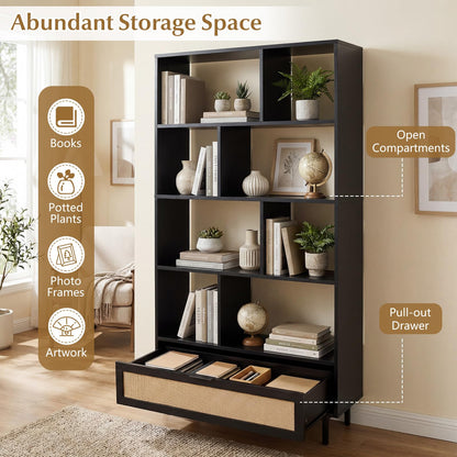 Goflame 64" Tall 6-Tier Wood Bookshelf with Rattan Drawer