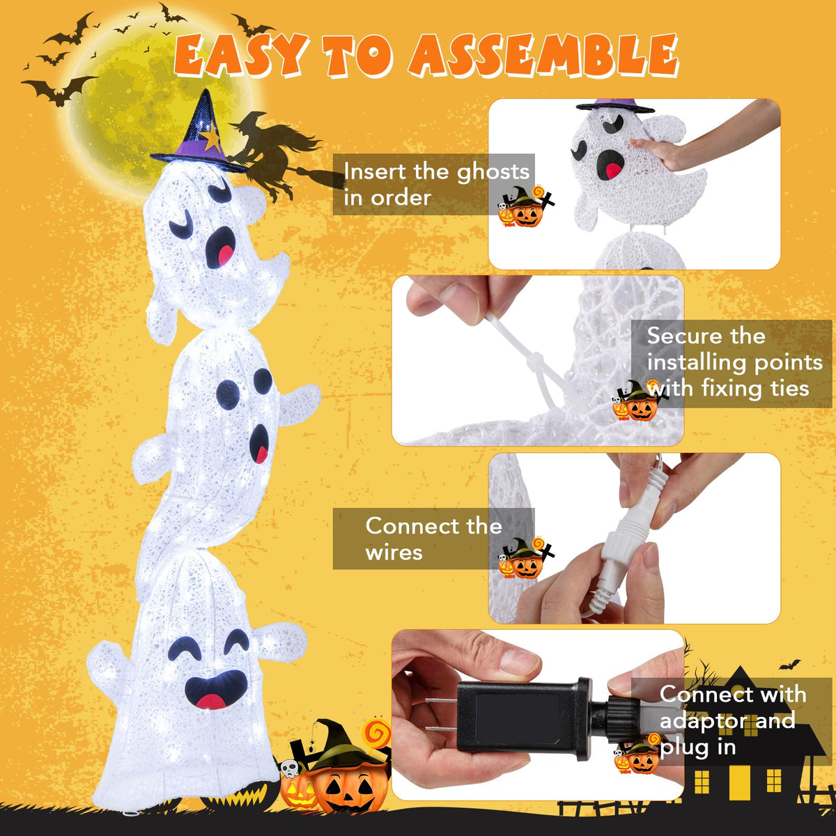 Goflame 4 Ft Halloween Decorations Outdoor Stacked Ghosts, Free-Standing Cute Yard Decorations