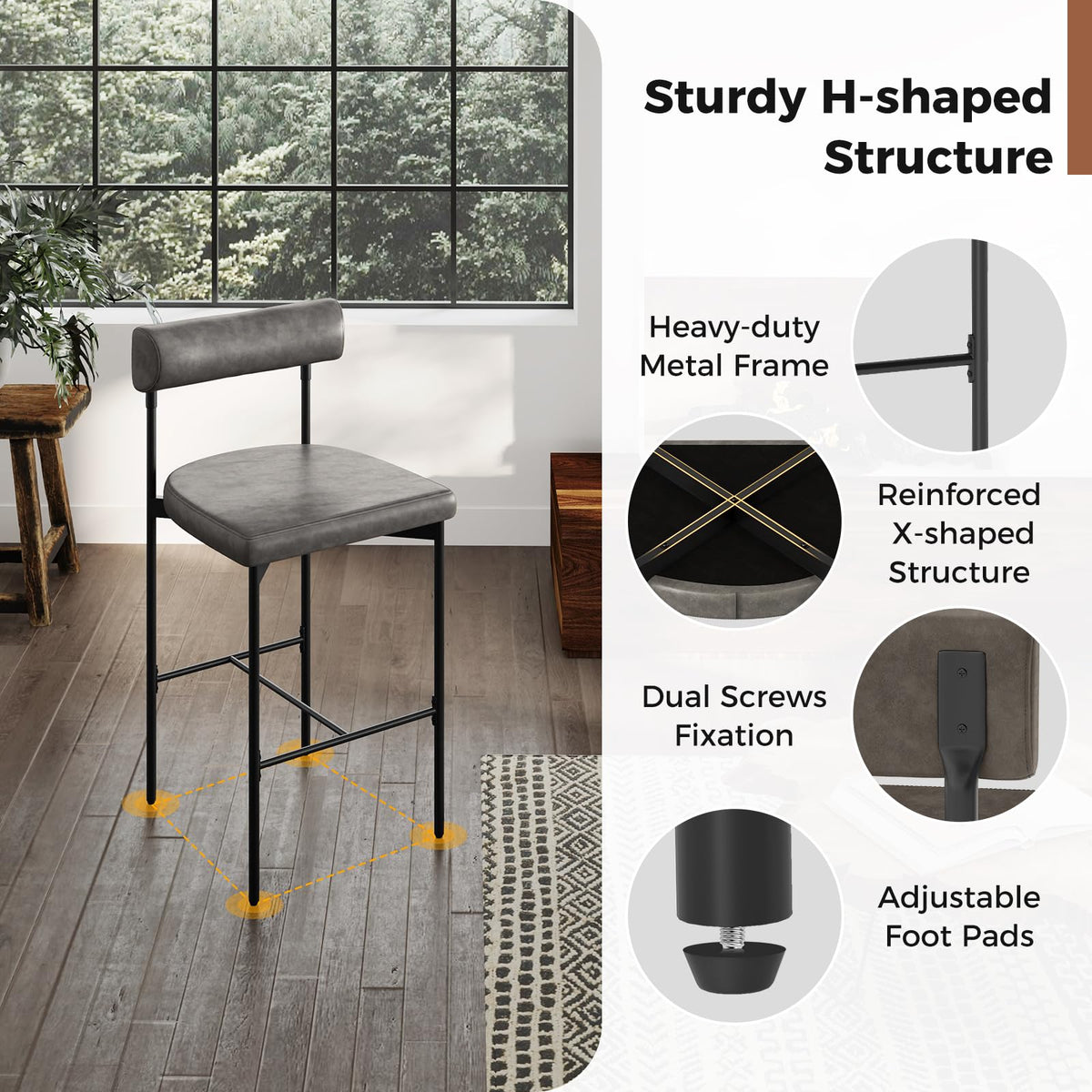 Goflame Counter Height Bar Stools, 26 Inch Upholstered Bar Chairs with Back