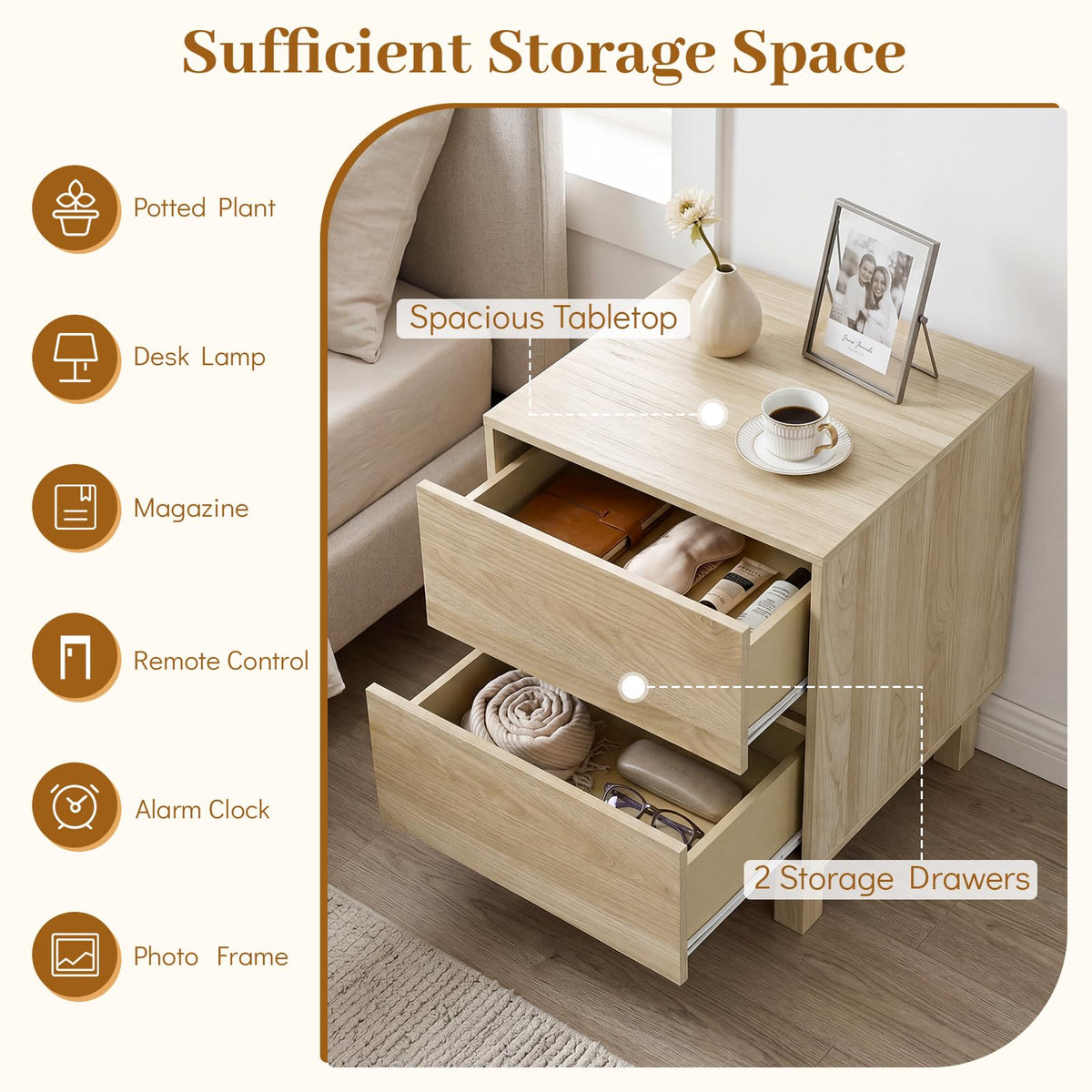 Goflame Modern Wood Night Stand w/2 Storage Drawers (1/2)