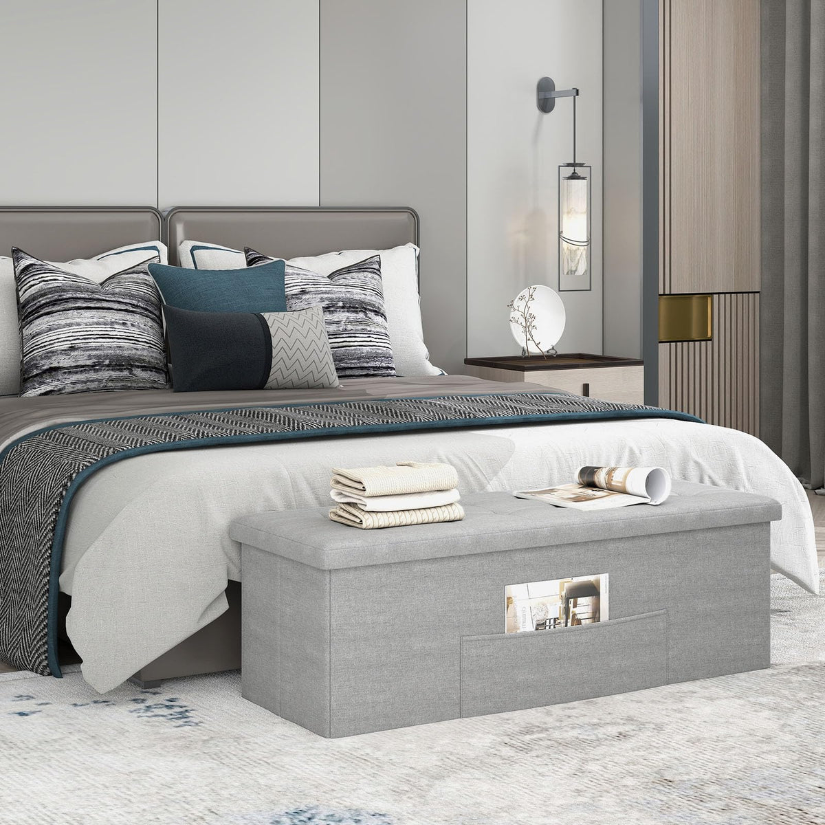 Goflame 43 Inches Folding Storage Ottoman Bench Upholstered Storage Chest with Side Pocket