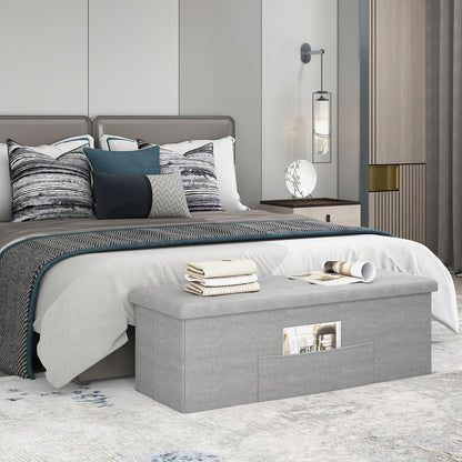 Goflame 43 Inches Folding Storage Ottoman Bench Upholstered Storage Chest with Side Pocket