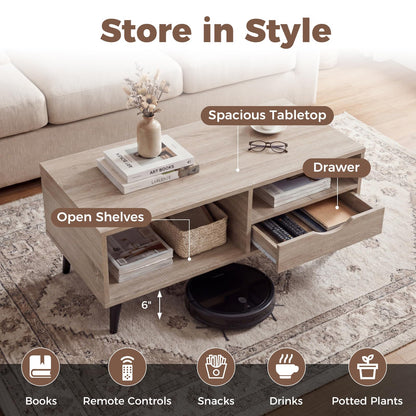 Goflame Wood Coffee Table with Storage Drawer 36.5 Inch Rustic Center Table