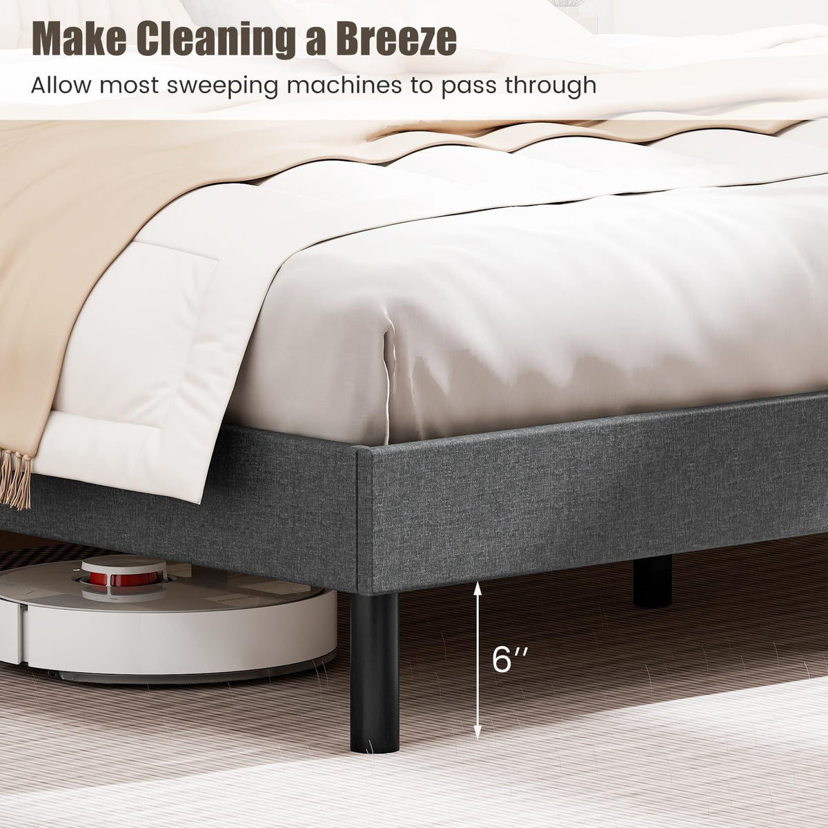 Goflame Queen Bed Frame Linen Upholstered Platform Bed with Button Tufted Headboard