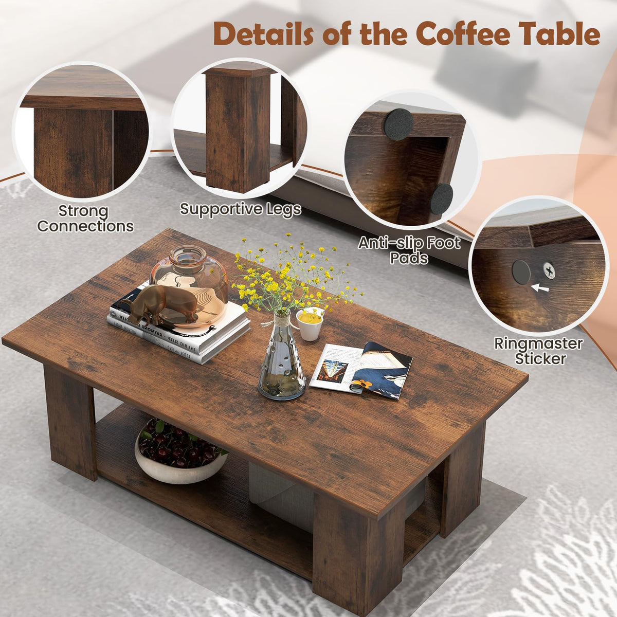 Goflame Rectangle Wood Center Table, 41" L 2-Tier Large Modern Tea Table w/Open Compartment