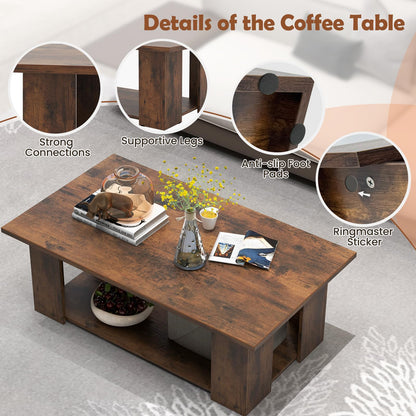 Goflame Rectangle Wood Center Table, 41" L 2-Tier Large Modern Tea Table w/Open Compartment
