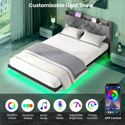 Goflame Queen/Full Size Floating Bed Frame with LED Lights, Modern Platform Bed with Adjustable Upholstered Headboard & Charging Station