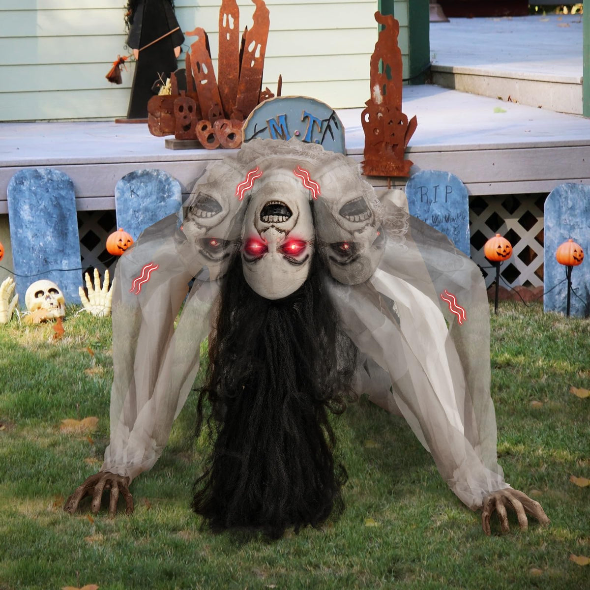 Lighted and Animated Halloween Decoration, Animatronic Crawling Woman w/ LED Eyes, Indoor Outdoor Halloween Ghost