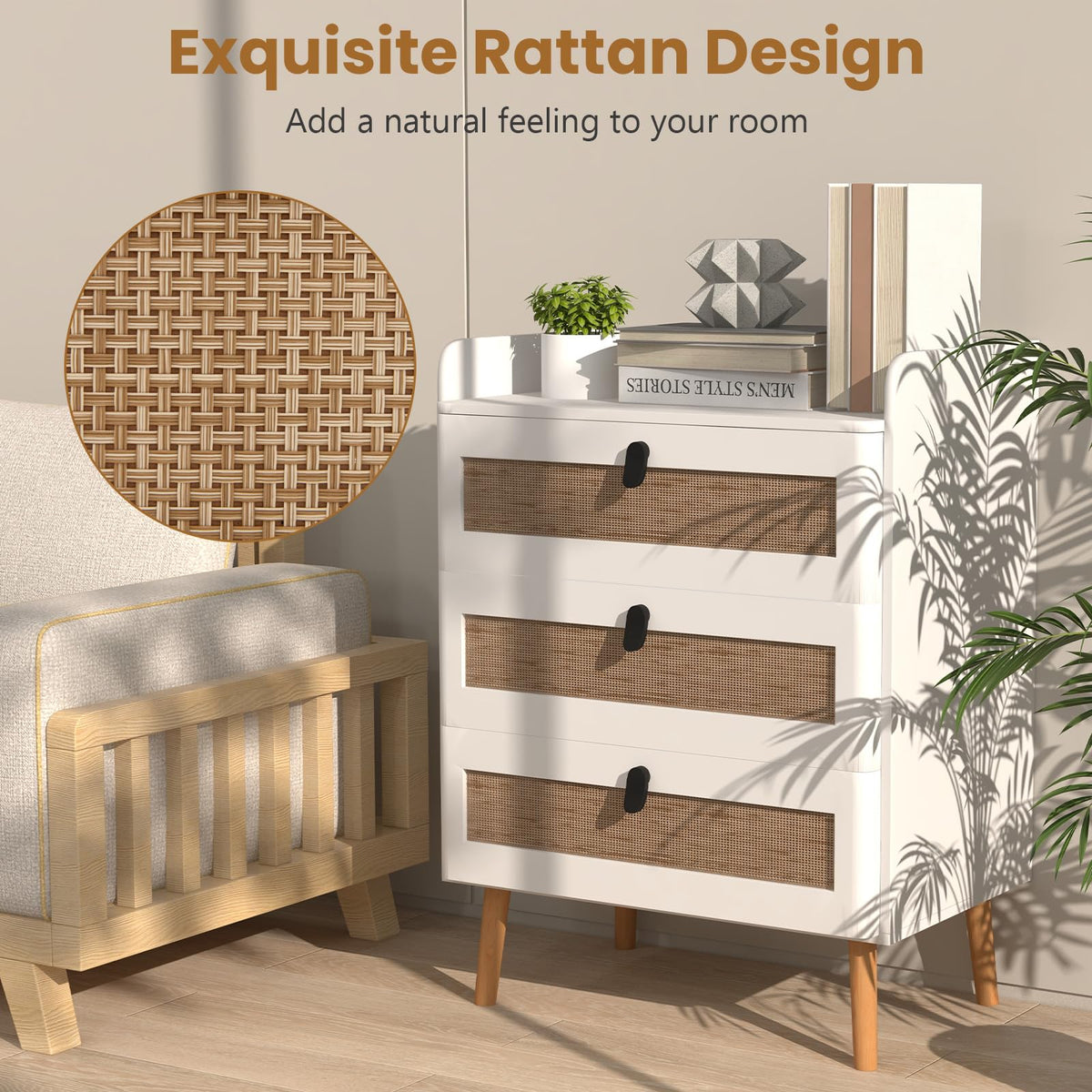 Goflame Rattan Nightstand, Boho 2/3-Drawer Dresser with 4 Solid Wood Legs