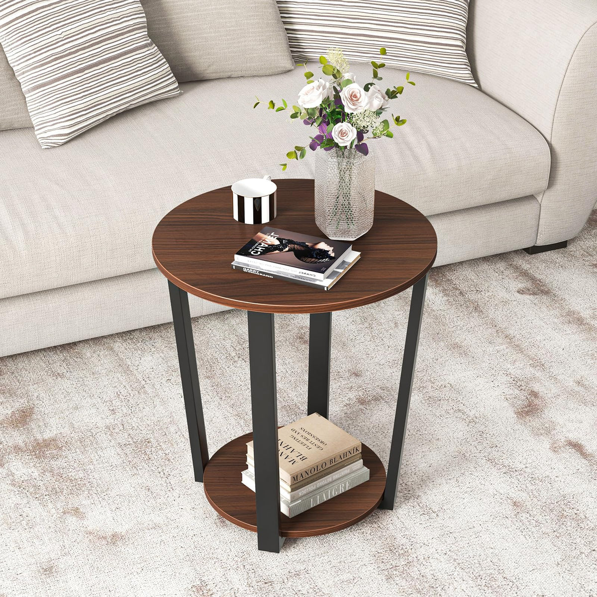 Goflame Round End Table Set of 1/2, 2-Tier Side Sofa Table with Open Storage Shelf and Metal Frame