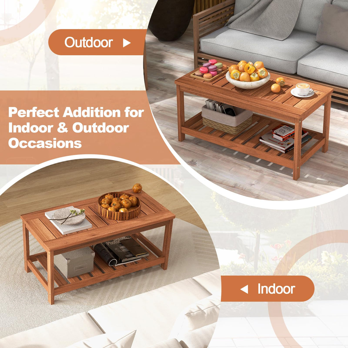 Goflame Hardwood Patio Coffee Table - 2-Tier Wooden Coffee Table