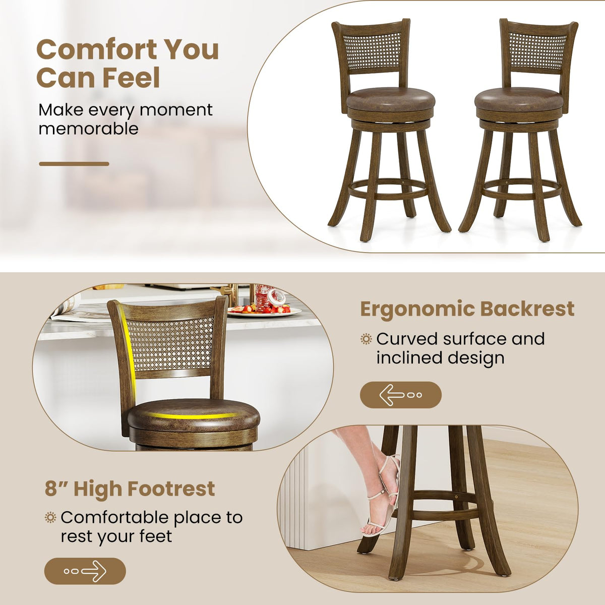 Goflame 25" Swivel Bar Stools Set of 2/4 with Footrest & Rubber Wood Frame
