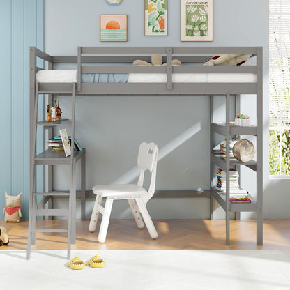 Goflame Loft Bed with Desk & Bookshelves