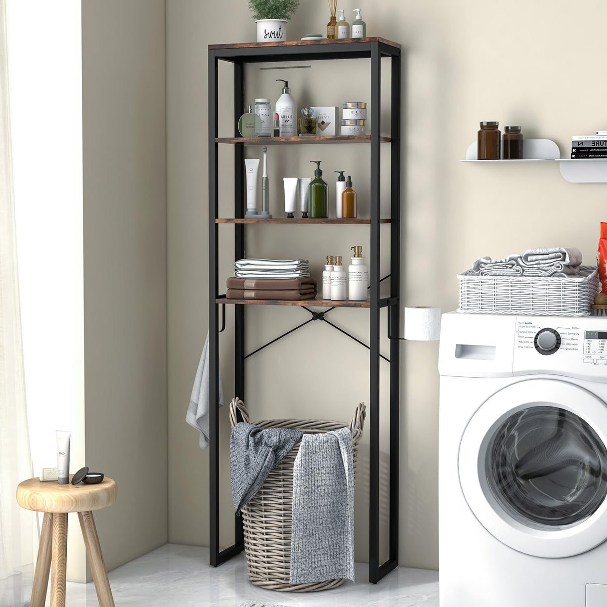 Goflame Over The Toilet Storage Rack, 4-Tier Wooden Bathroom Space Saver w/Metal Frame & 2 Hooks