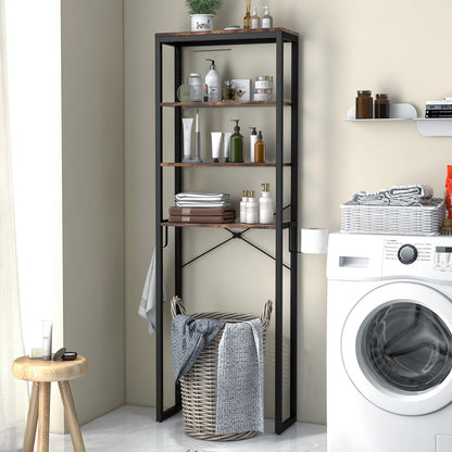 Goflame Over The Toilet Storage Rack, 4-Tier Wooden Bathroom Space Saver w/Metal Frame & 2 Hooks