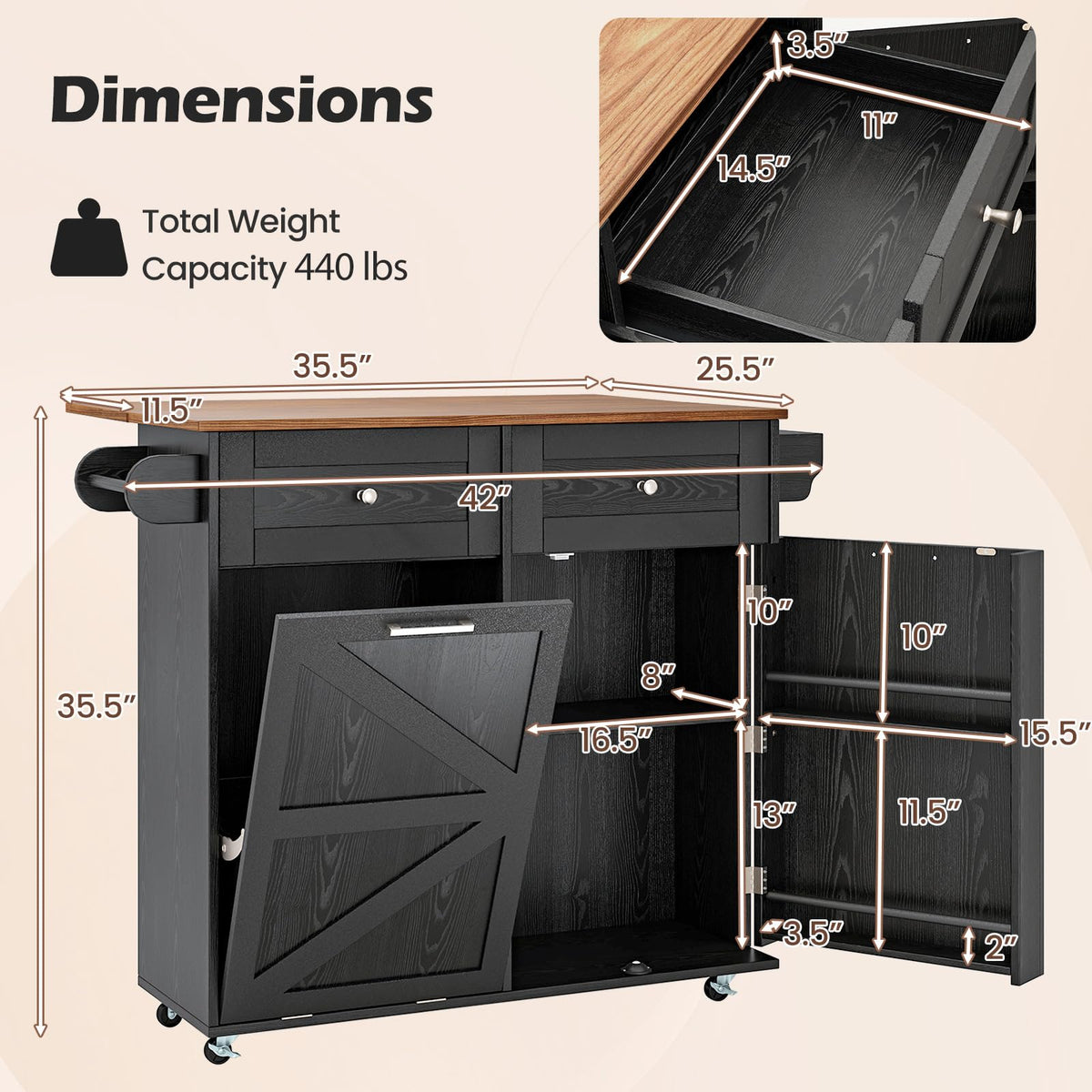 Goflame Kitchen Island Cart with Hidden Tilt Out Trash Can Cabinet, Drop Leaf, 2 Drawers, Towel Rack