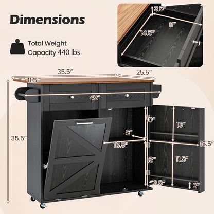 Goflame Kitchen Island Cart with Hidden Tilt Out Trash Can Cabinet, Drop Leaf, 2 Drawers, Towel Rack