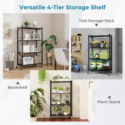 Goflame 4-Tier Foldable Storage Shelf, Collapsible Shelving Unit Display with Lockable Wheels