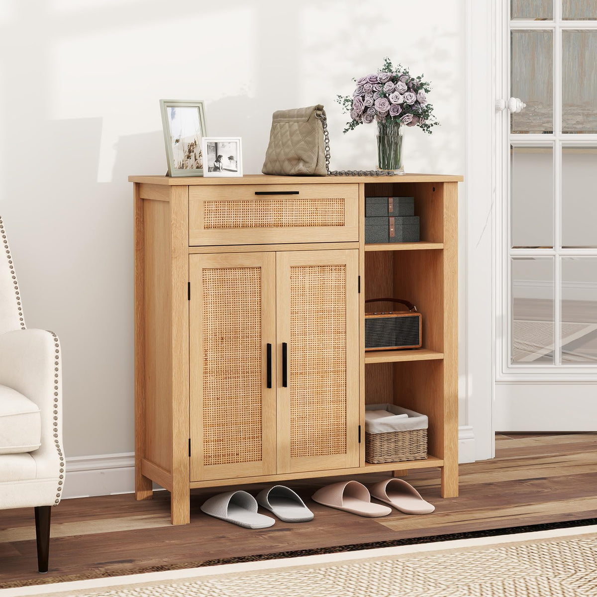 Goflame Buffet Cabinet with 2 Doors, Drawer 3 Open Cubbies Adjustable Shelf (Natural)