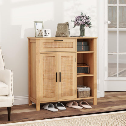 Goflame Buffet Cabinet with 2 Doors, Drawer 3 Open Cubbies Adjustable Shelf (Natural)