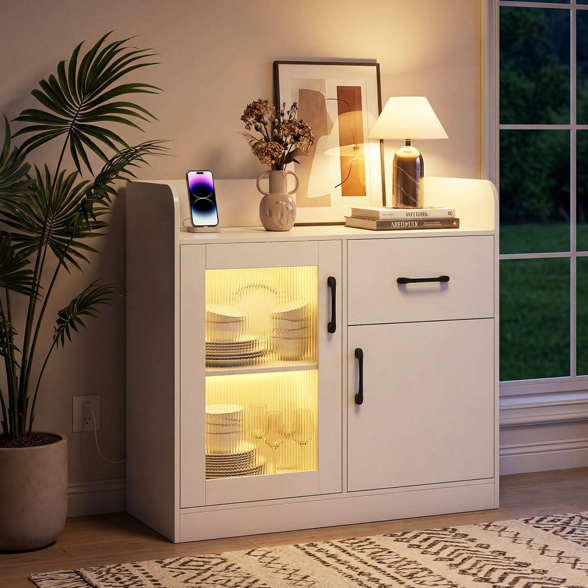 Goflame RGB LED Buffet Sideboard | White Kitchen Storage Cabinet with Charging Station