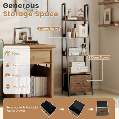 Goflame 5-Tier Industrial Ladder Bookshelf with Removable Fabric Drawer (1/2)